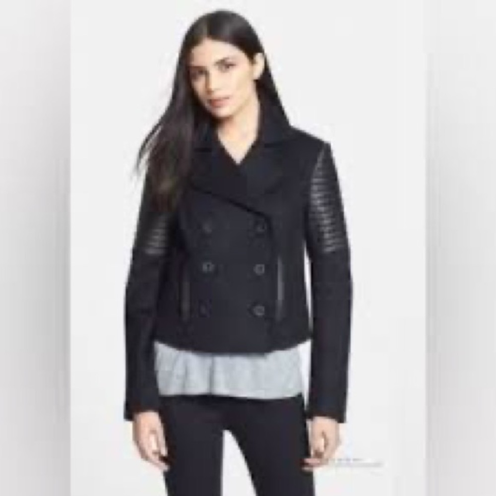 Rebecca Minkoff Black Pea Coat‎ with Textured Sleeves